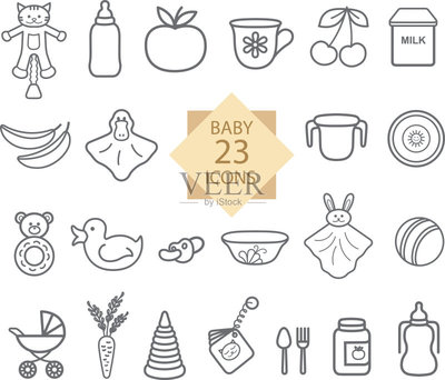 婴儿用品。线图标:玩具,食品,吃,陶器。矢量图素材下载 - Veer图库